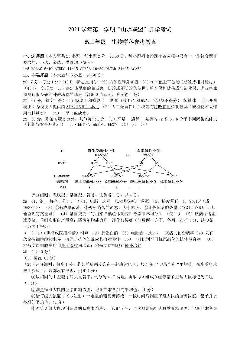 2021浙江省“山水联盟”高三上学期开学考试生物试题含答案01