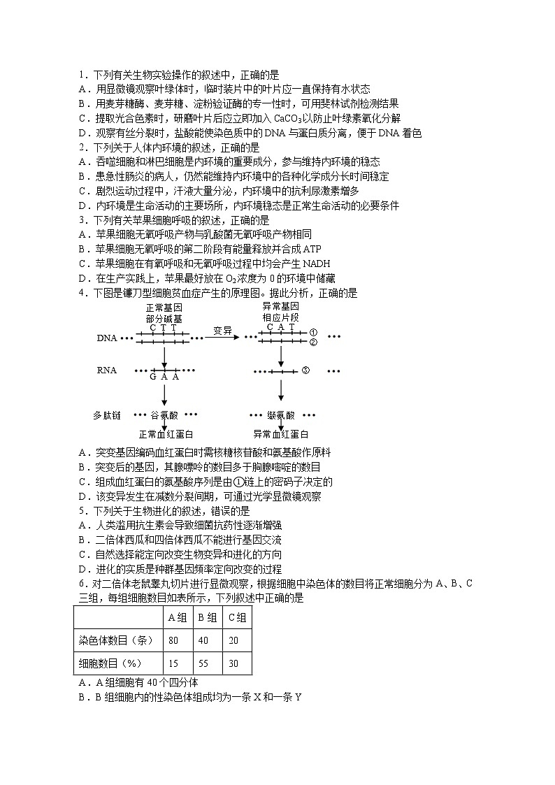 2021宜宾叙州区一中校高三上学期开学考试理综-生物试题含答案第1页