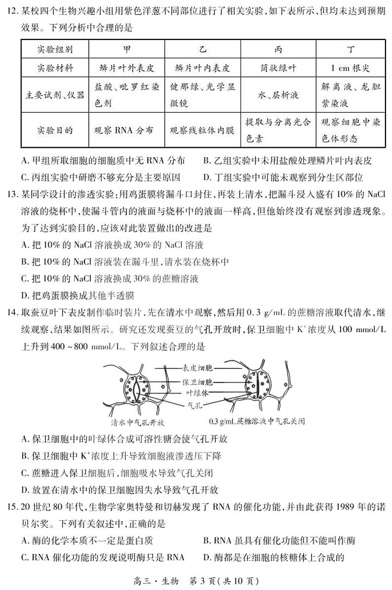 2021黑龙江省哈一中高三上学期开学测试生物试题PDF版含答案第3页