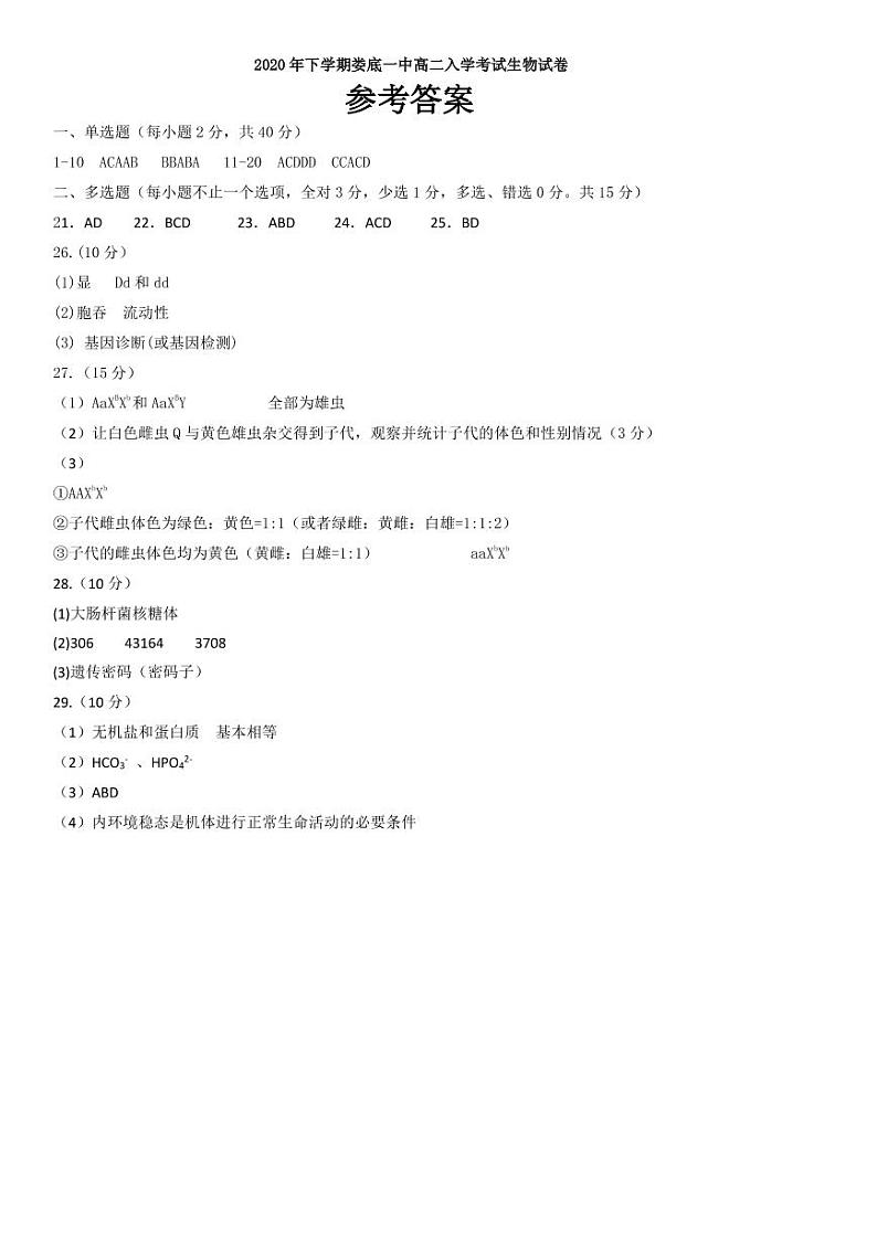 2020年下学期高二入学考试 生物试卷答案第1页