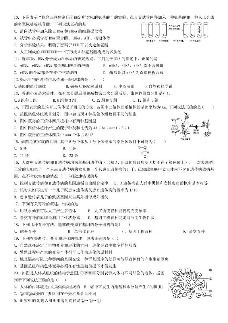 娄底一中2020年下学期高二入学考试生物-试卷第2页