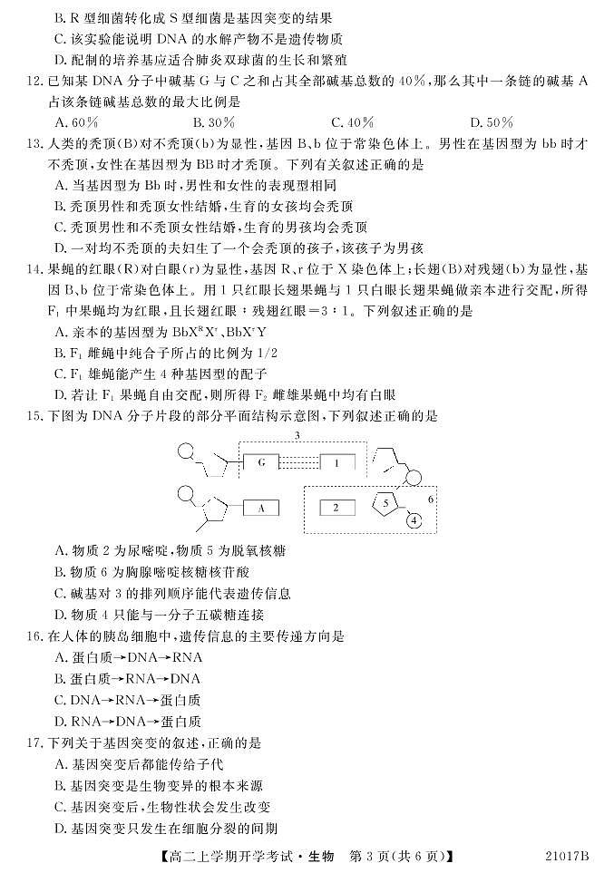 山西省忻州一中2020-2021学年高二上学期开学考试生物试题（可编辑PDF版，无答案）第3页