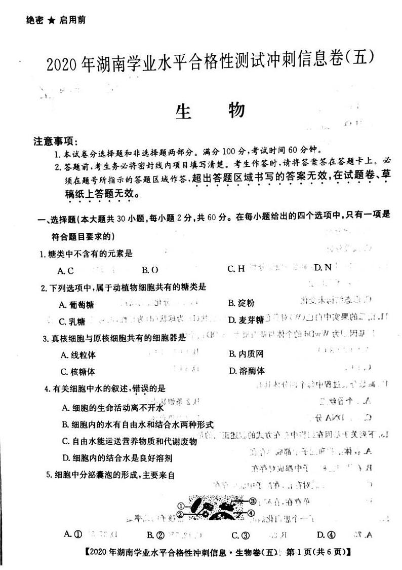 2020年湖南省普通高中学业水平合格性测试冲刺 信息卷五   生物第1页