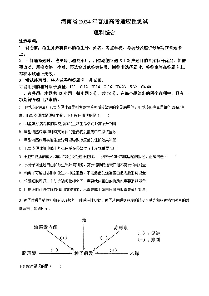 2024年1月普通高等学校招生全国统一考试适应性测试（九省联考）生物试题（适用地区：河南）（原卷版）第1页