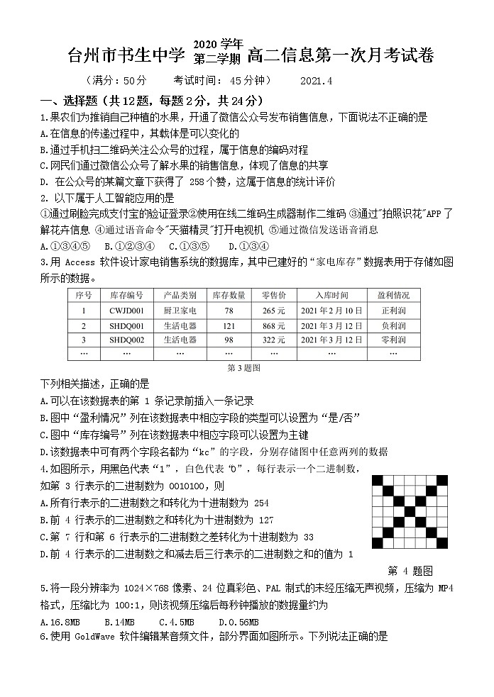 2021台州书生中学高二下学期第一次月考信息技术试题含答案第1页