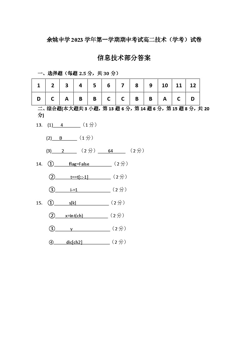 终审高二信息技术学考期中考试学考答案11.14第1页
