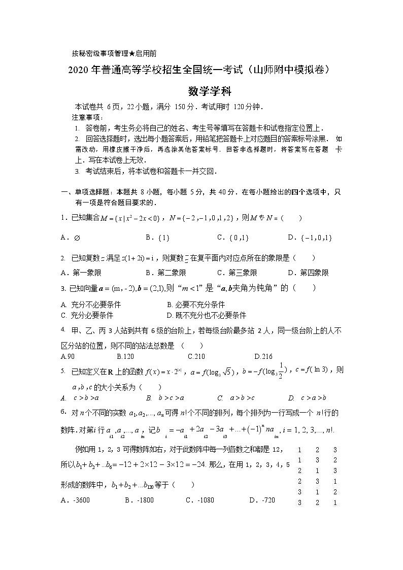 2020年普通高等学校招生全国统一考试（山师附中模拟卷)数学试题第1页