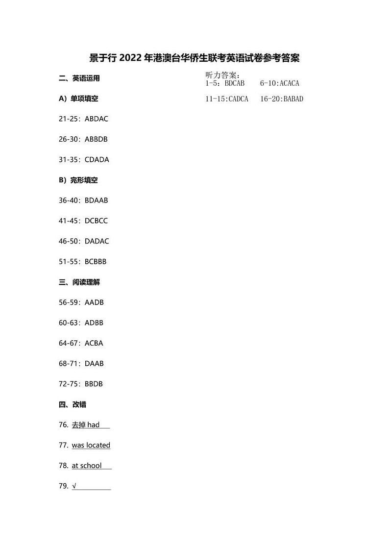 2022年港澳台华侨生联考英语真题答案第1页