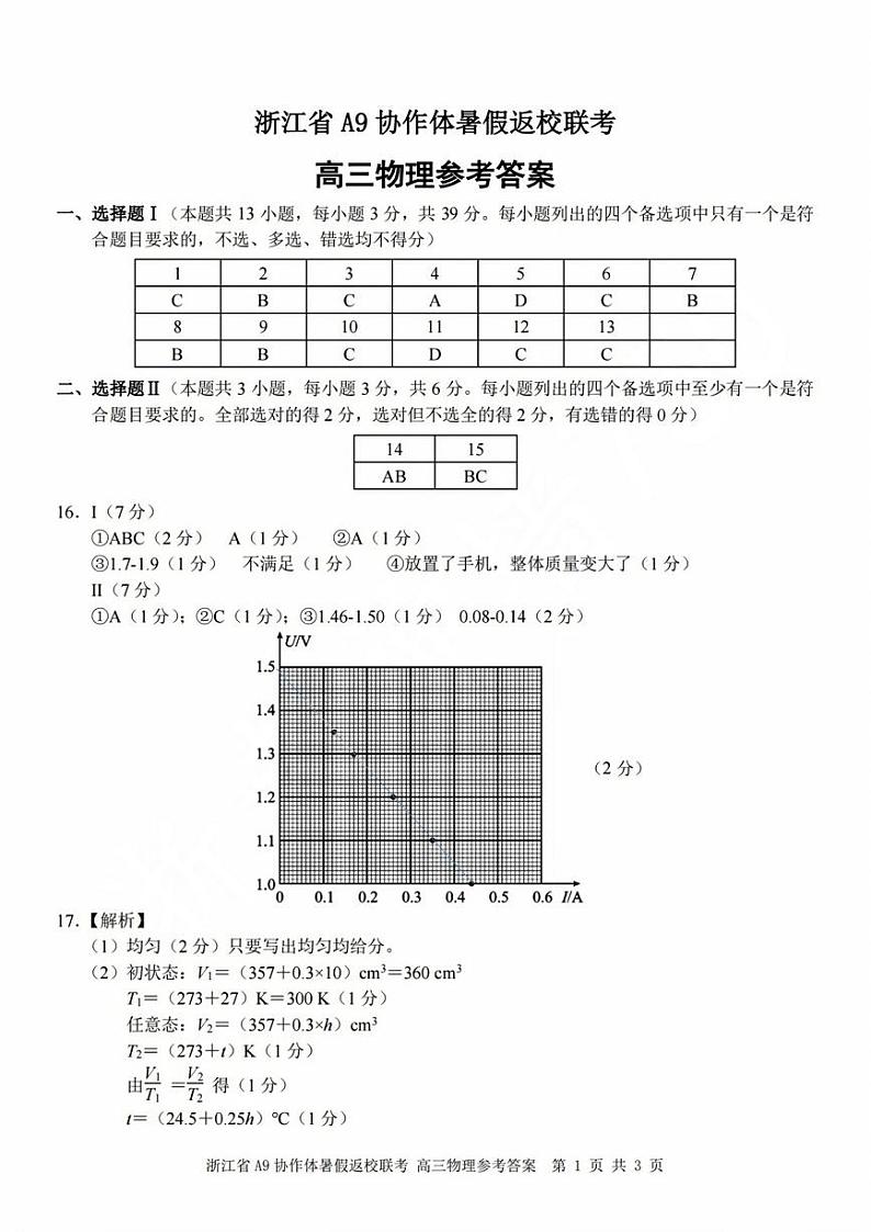浙江省A9协作体2023-2024学年高三暑假返校联考物理答案第1页