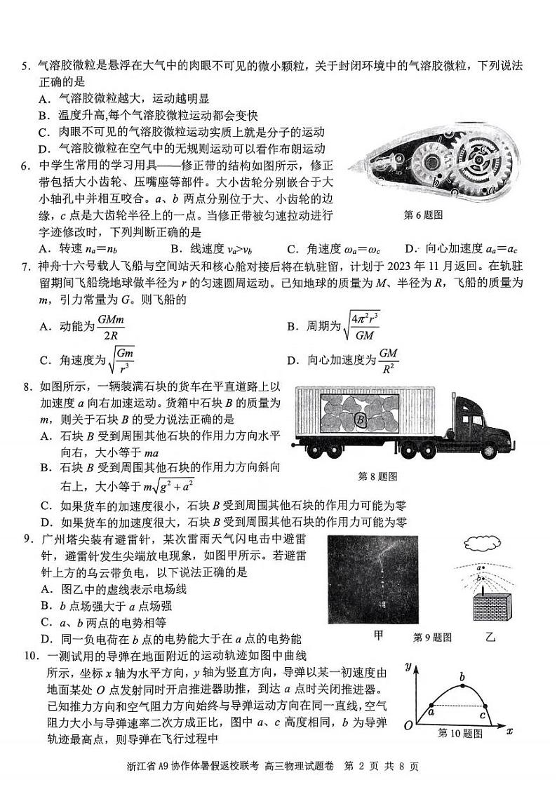 浙江省A9协作体2023-2024学年高三暑假返校联考物理第2页