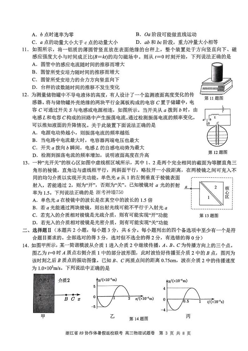 浙江省A9协作体2023-2024学年高三暑假返校联考物理第3页