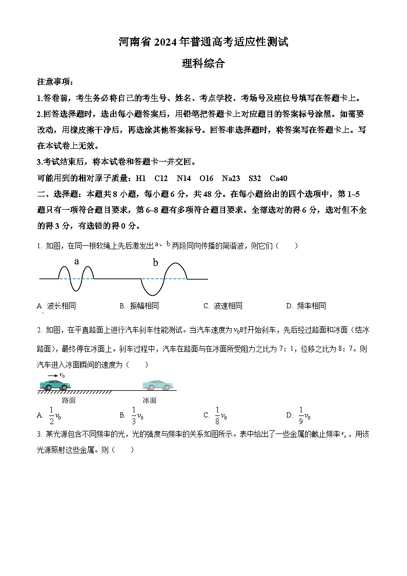 2024年1月河南省普通高等学校招生考试适应性测试物理试题（试卷）第1页