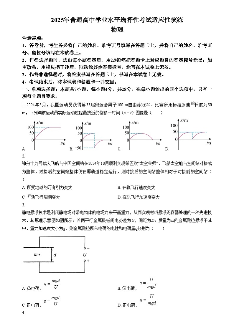 2025年1月山西、陕西、宁夏、青海普通高等学校招生考试适应性测试（八省联考）物理试题无答案第1页