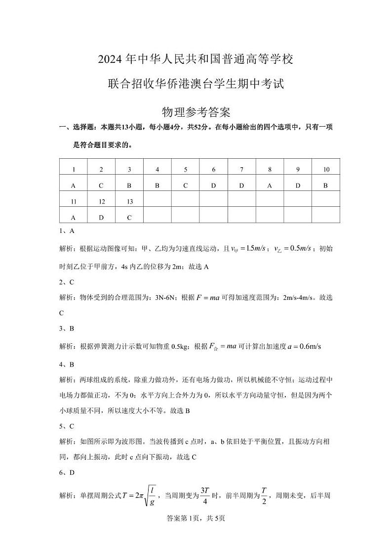 2024全国联考物理答案第1页
