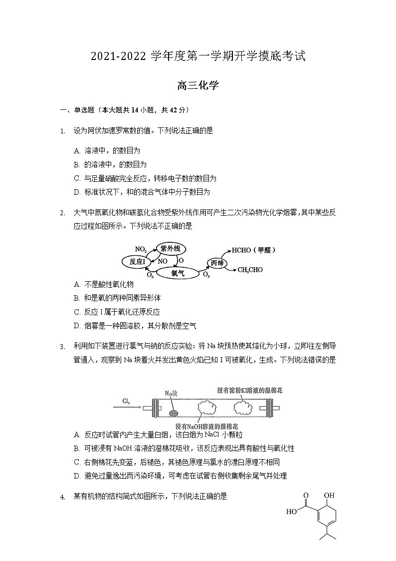 2022滁州定远育才学校高三上学期开学摸底考试化学试题含答案第1页