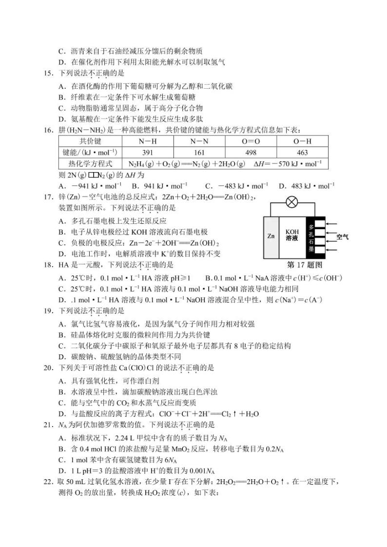 2021浙江省1月学考真题化学高清PDF版含答案03