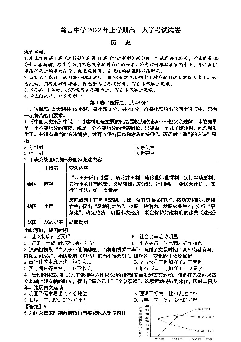 箴言中学2022年上学期高一入学考试历史试题第1页