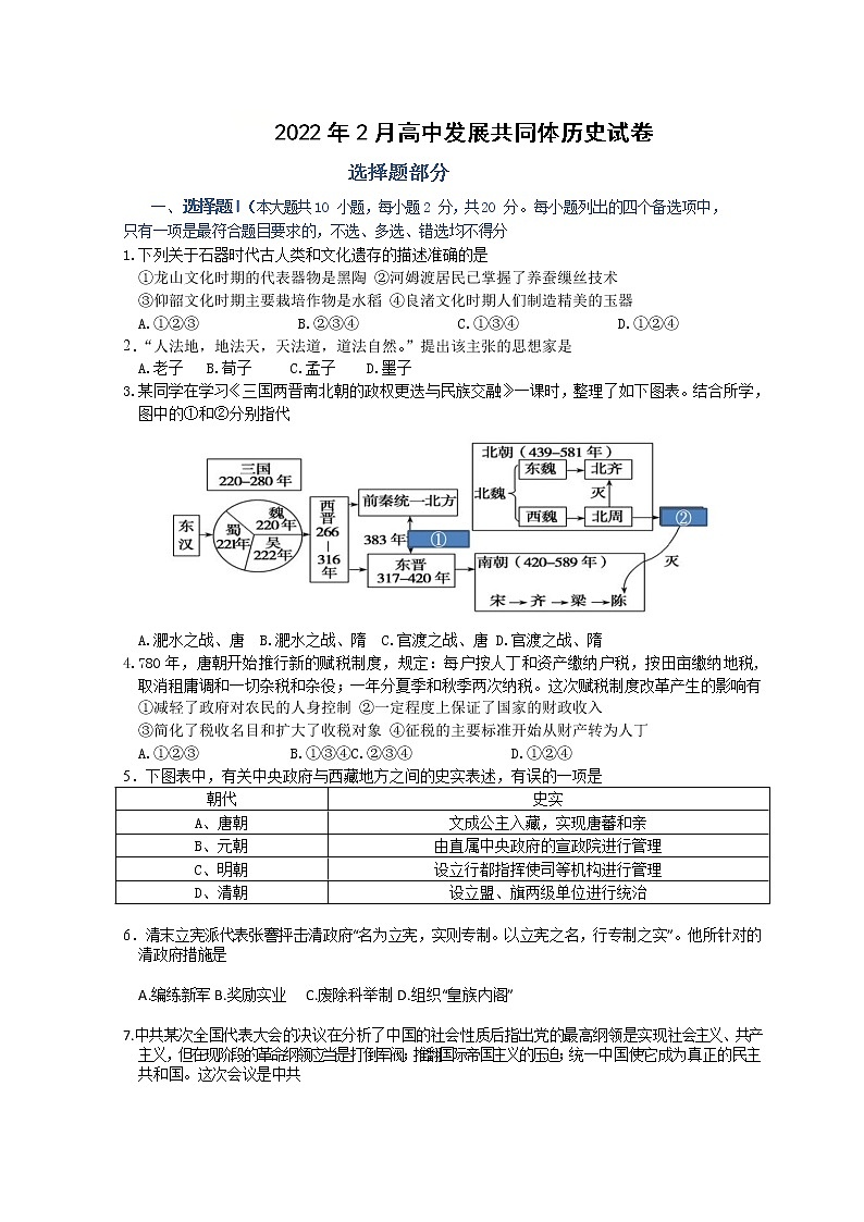 浙江省丽水市高中发展共同体2021-2022学年高一下学期返校考试（2月）历史试题含答案第1页