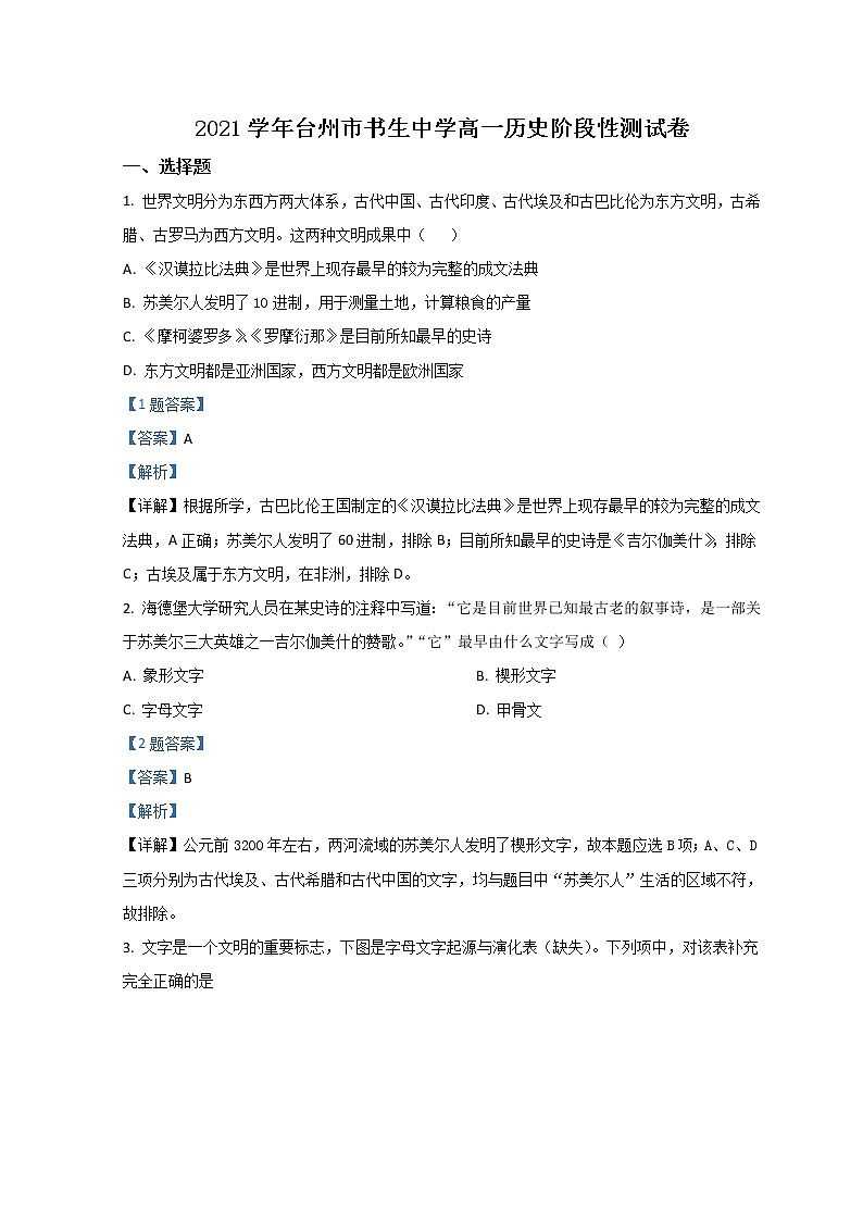 2022台州书生中学高一下学期3月月考历史试题含解析01