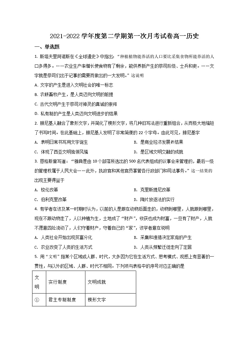 2022滁州定远县育才学校高一下学期第一次月考历史试题含答案01