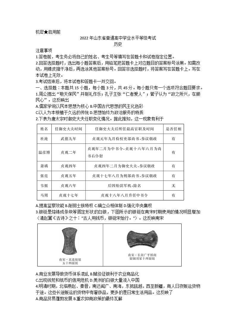 山东省实验中学2022年普通高中学业水平等级考试历史试题第1页