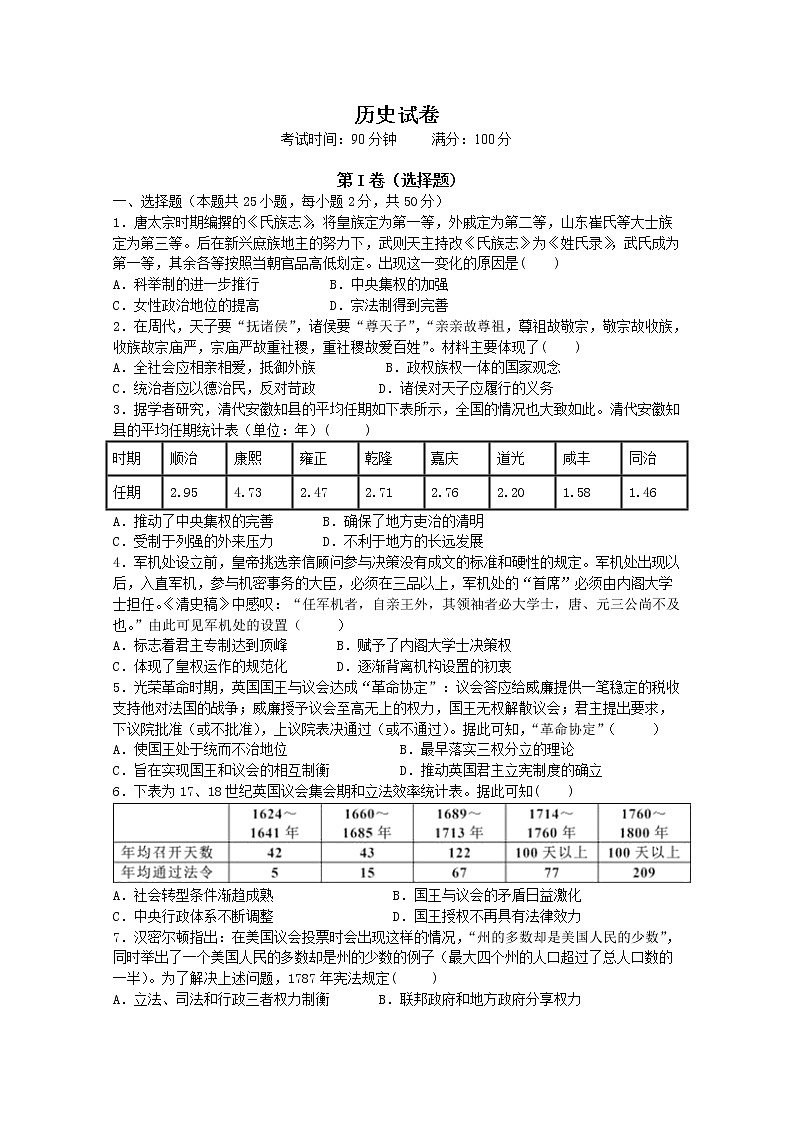 2020滁州明光中学高二下学期开学考试历史试题含答案第1页
