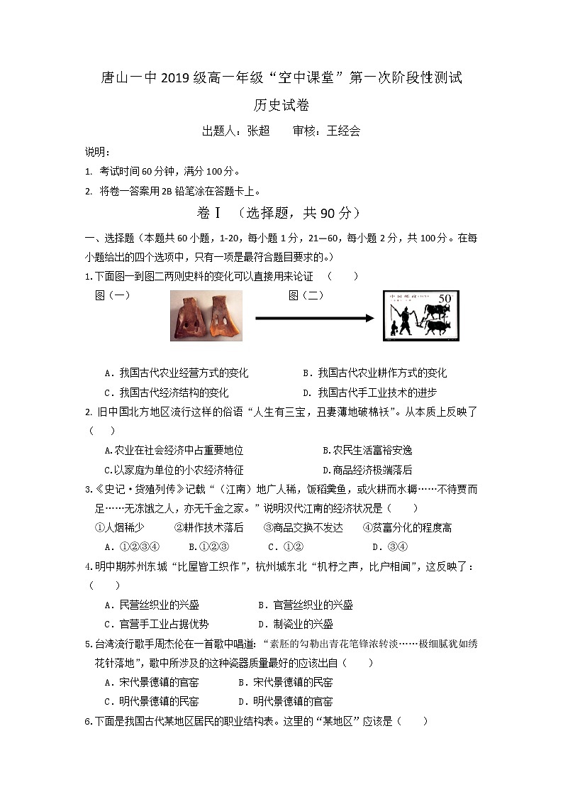 2020唐山一中高一下学期空中课堂第一次阶段测试历史试题缺答案第1页
