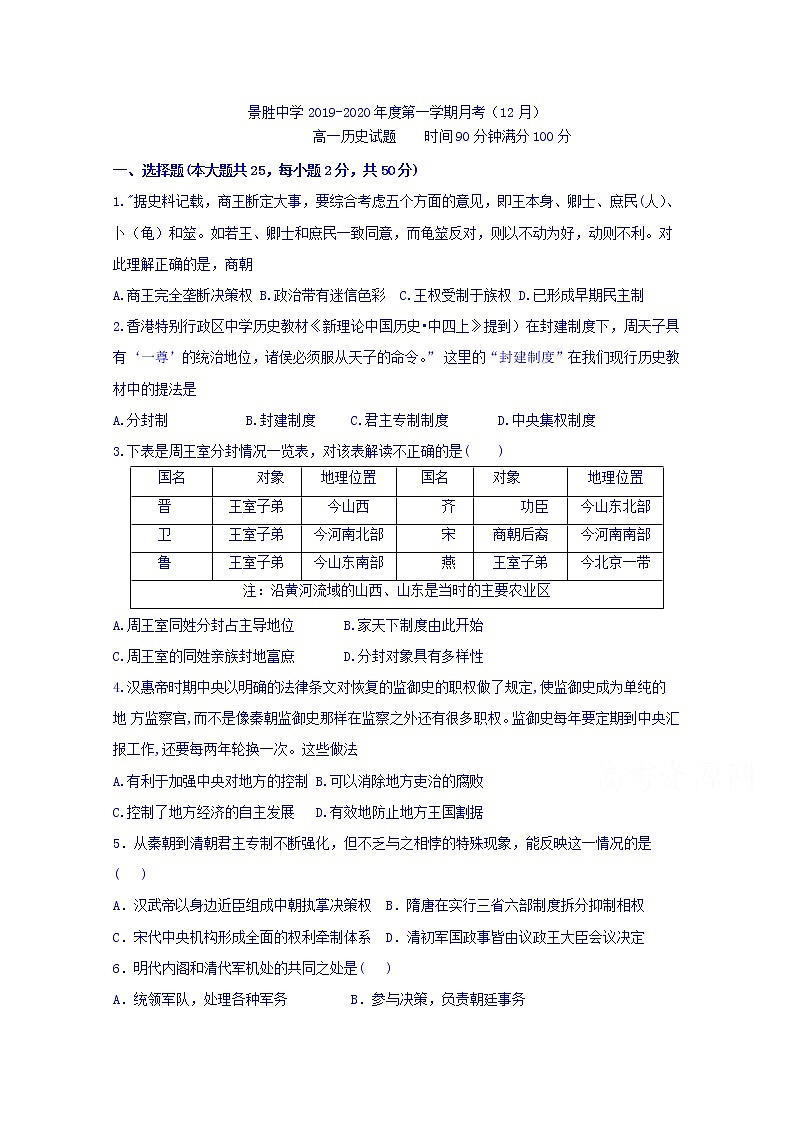 2020运城景胜中学高一12月月考历史试题含答案第1页