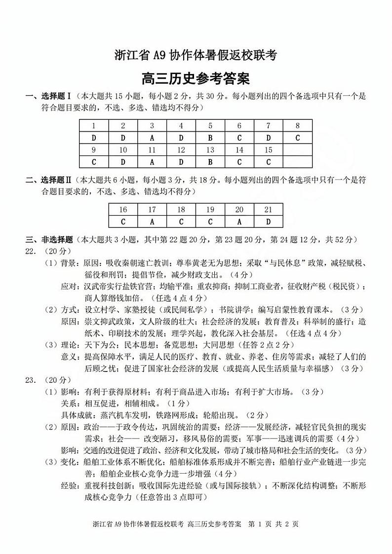 浙江省A9协作体2023-2024学年高三暑假返校联考历史答案第1页
