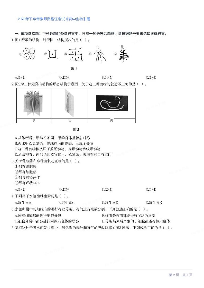 2020年下半年教师资格证考试《初中生物》试卷第2页