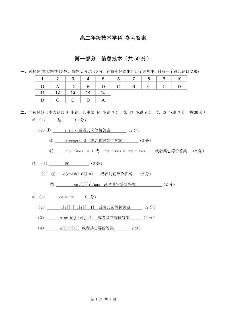 浙江省台州市书生中学2021-2022学年高二下学期起始考技术信息技术答案和评分标准第1页