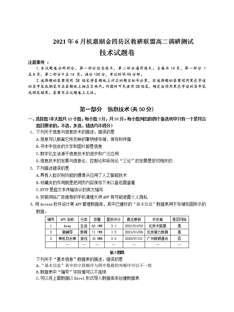 浙江省杭嘉湖金四县区2020-2021学年高二下学期6月份调研考试技术试题含答案第1页
