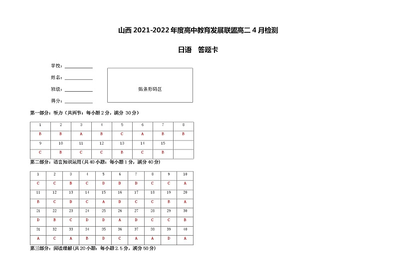 山西省运城市高中联合体2021-2022学年高二下学期期中测试日语试题答案第1页