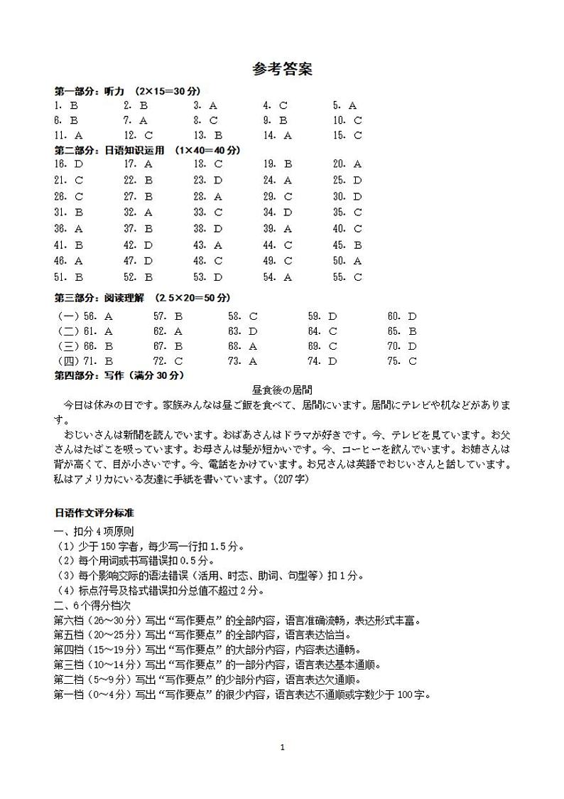 高一日语参考答案第1页