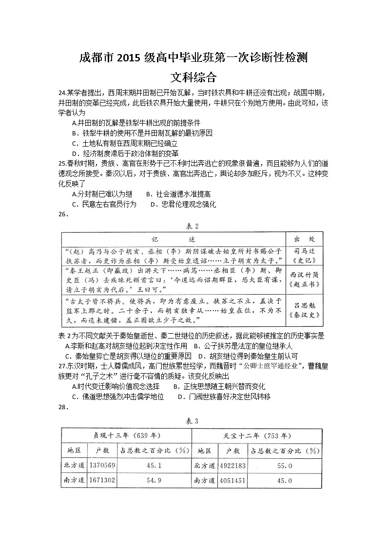 四川省成都市2018届高三第一次诊断性检测试题历史第1页