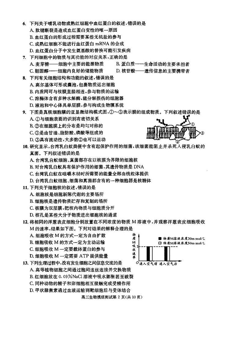 四川省成都市2020届高中毕业班摸底测试生物试题（扫描版）第2页