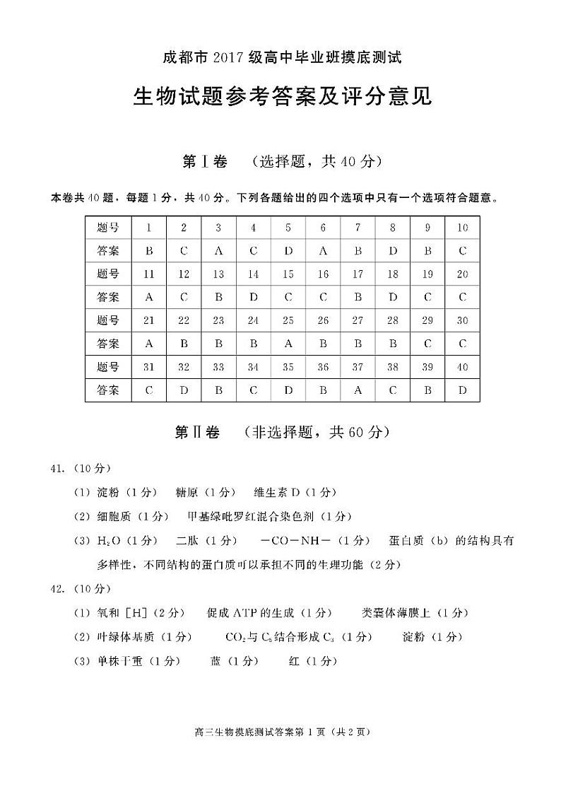 四川省成都市2020届高中毕业班摸底测试生物答案第1页