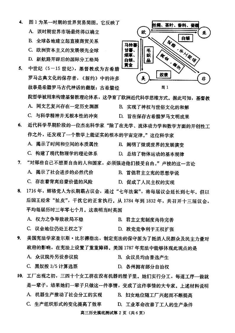 四川省成都市2020届高中毕业班摸底测试历史试题（扫描版）第2页