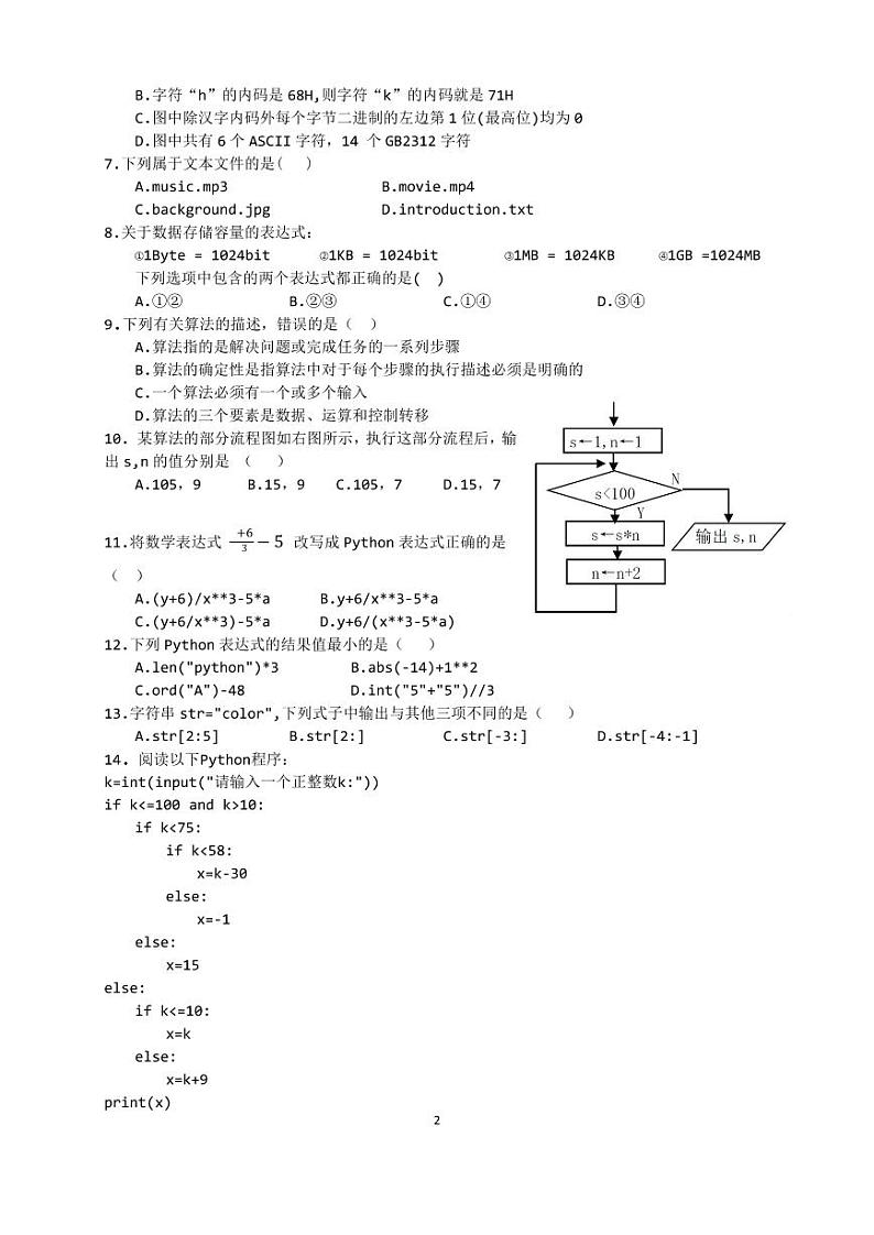 浙江省宁波市余姚高风中学2022-2023学年高二上学期10月月考技术试题PDF版第2页