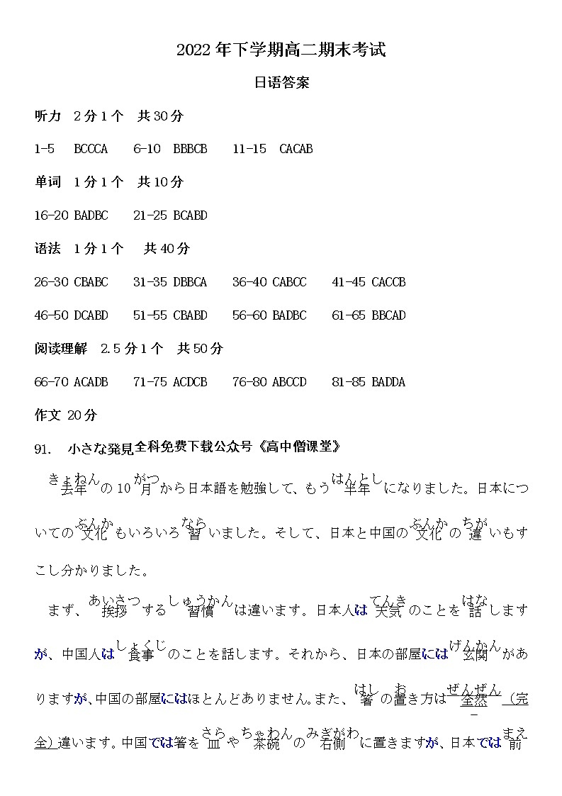山西省名校联考2022-2023学年高二上学期期末考试日语答案第1页