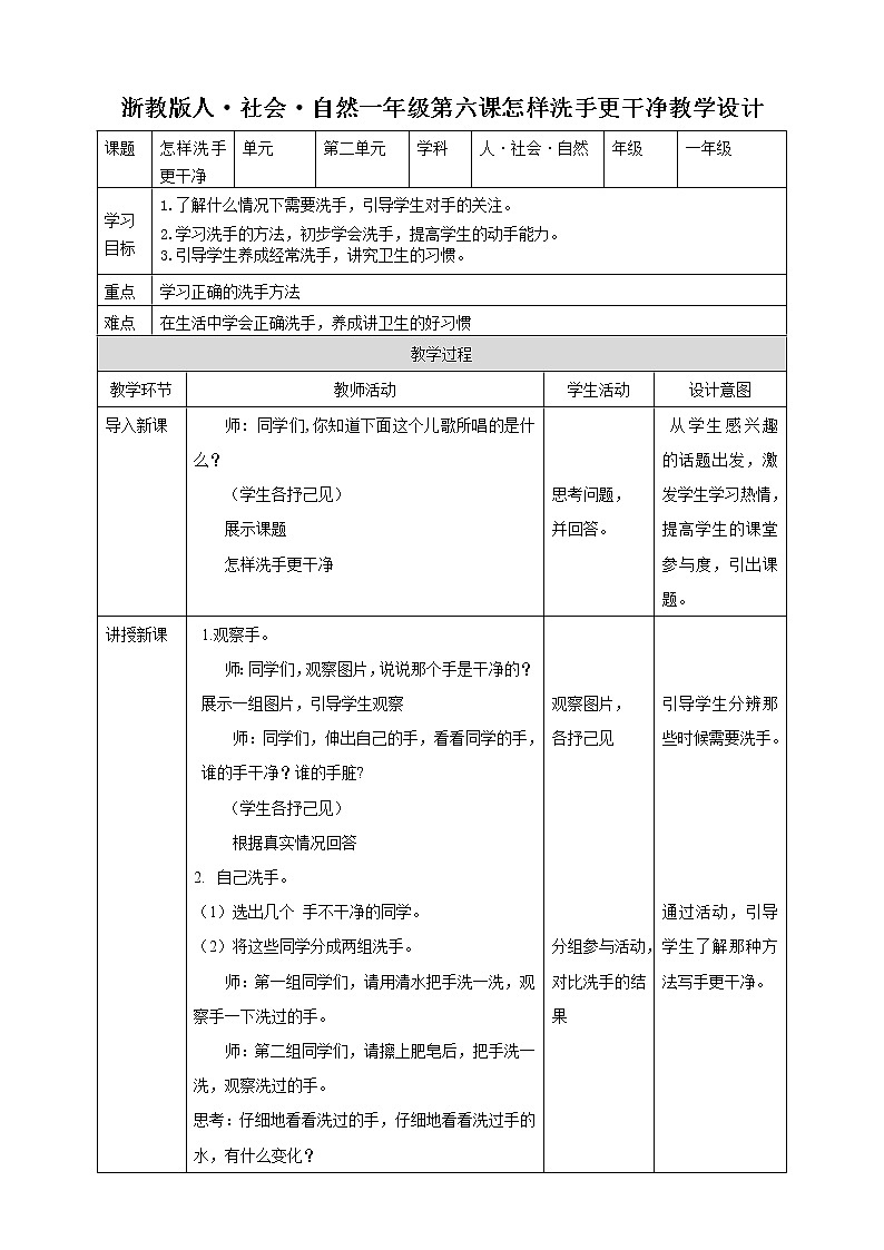 第六课 怎样洗手更干净 教学设计第1页