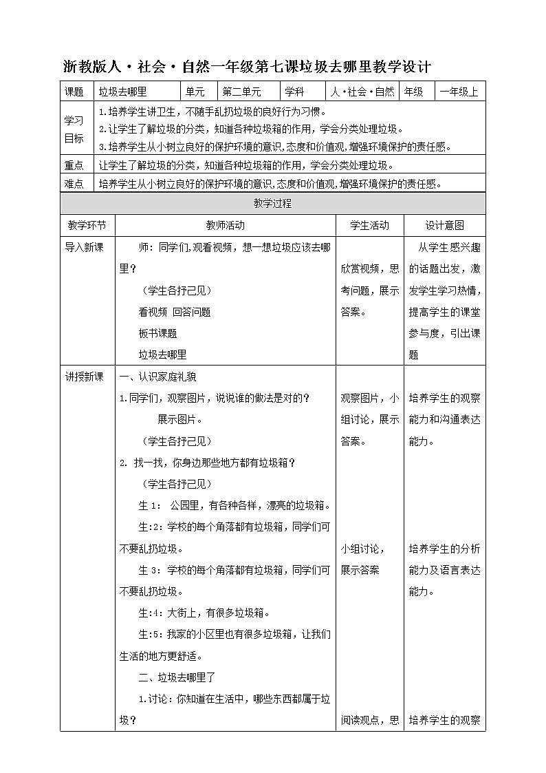 浙教版人·社会·自然一年级第七课垃圾去哪里 教学设计第1页
