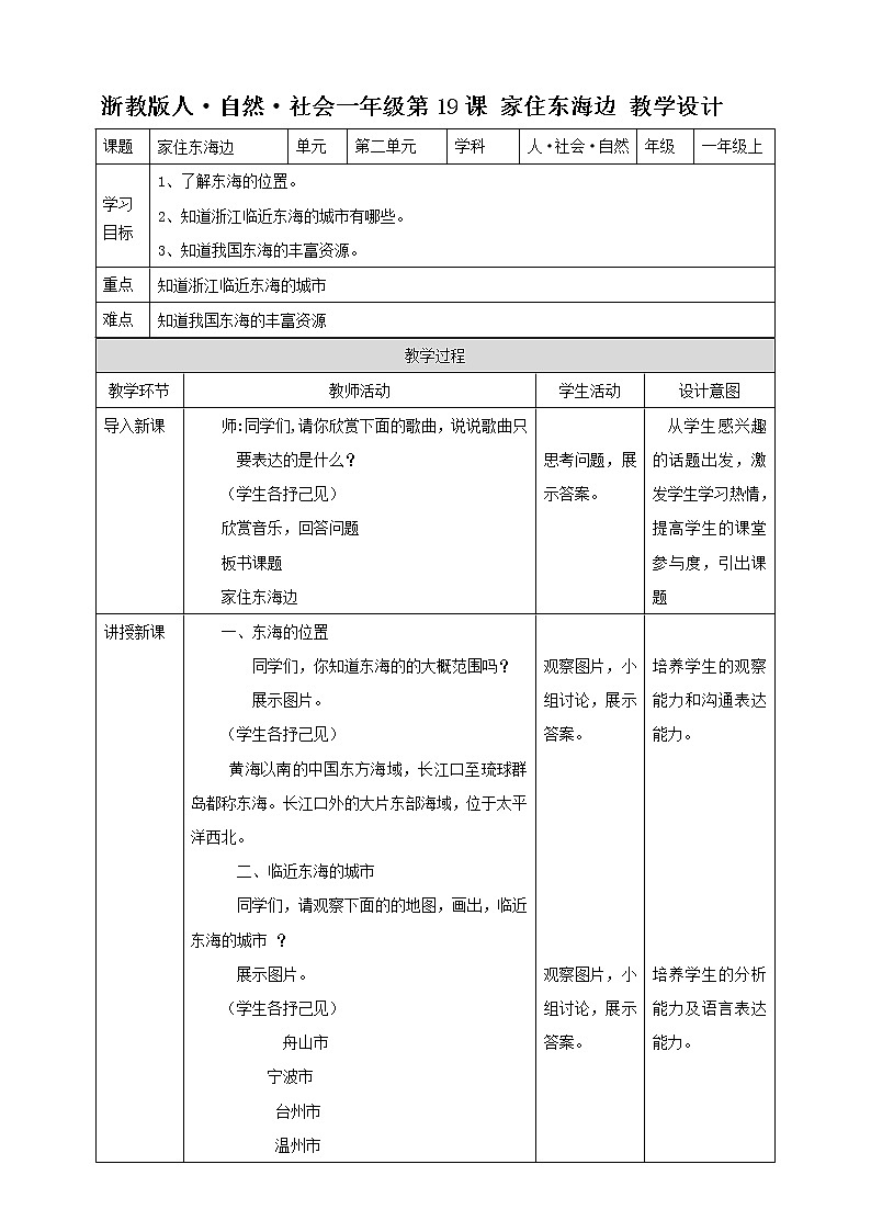 第19课 家住东海边 教学设计第1页