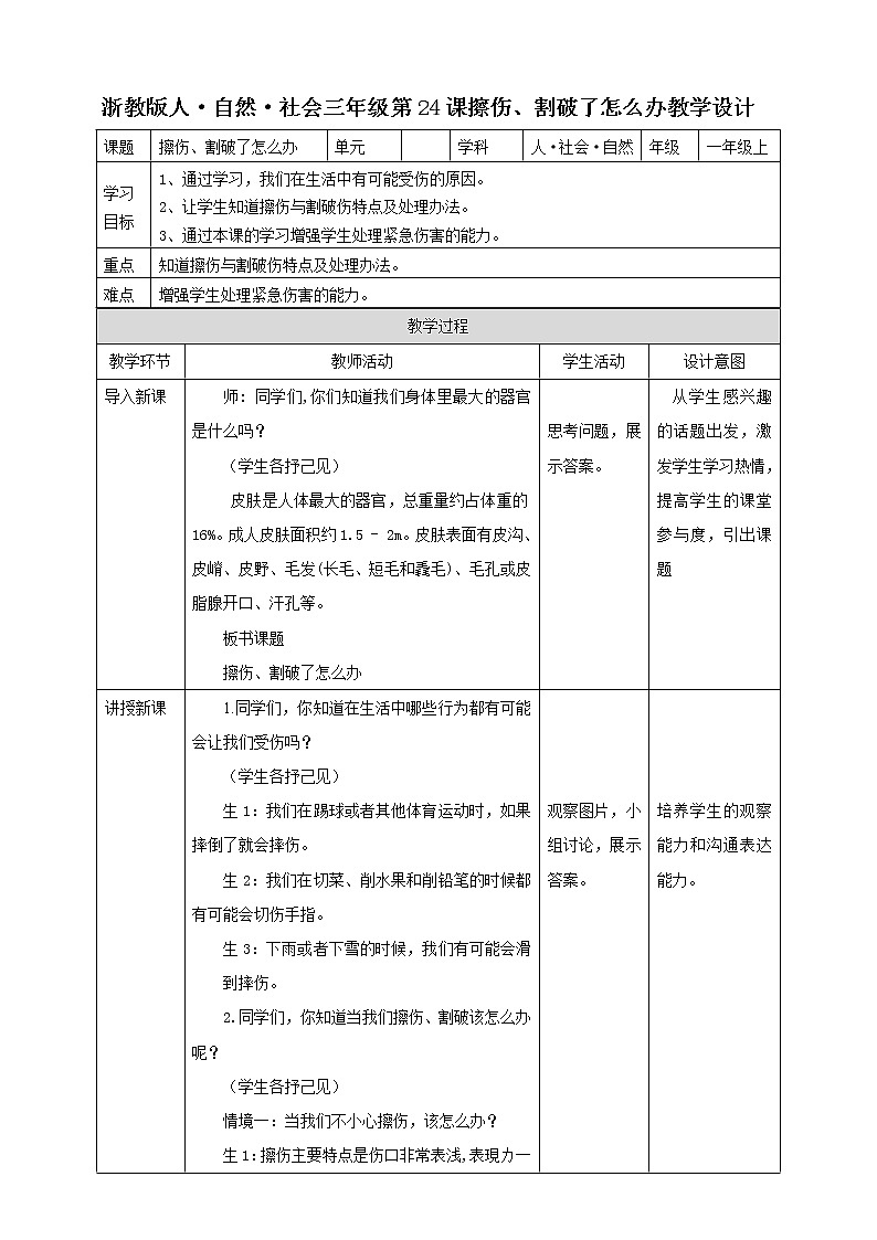 第24课擦伤、割破了怎么办教学设计第1页