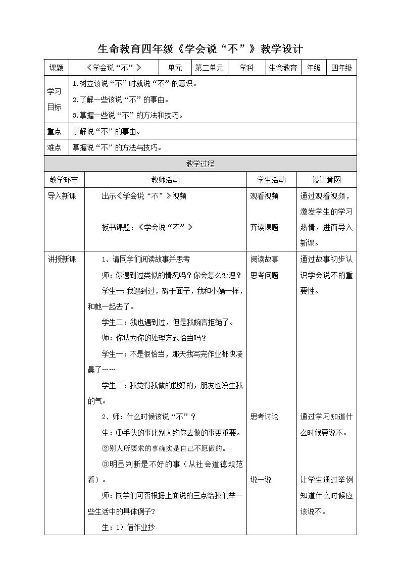 四年级生命教育教育第2章第4课《学会说“不”》 教案第1页