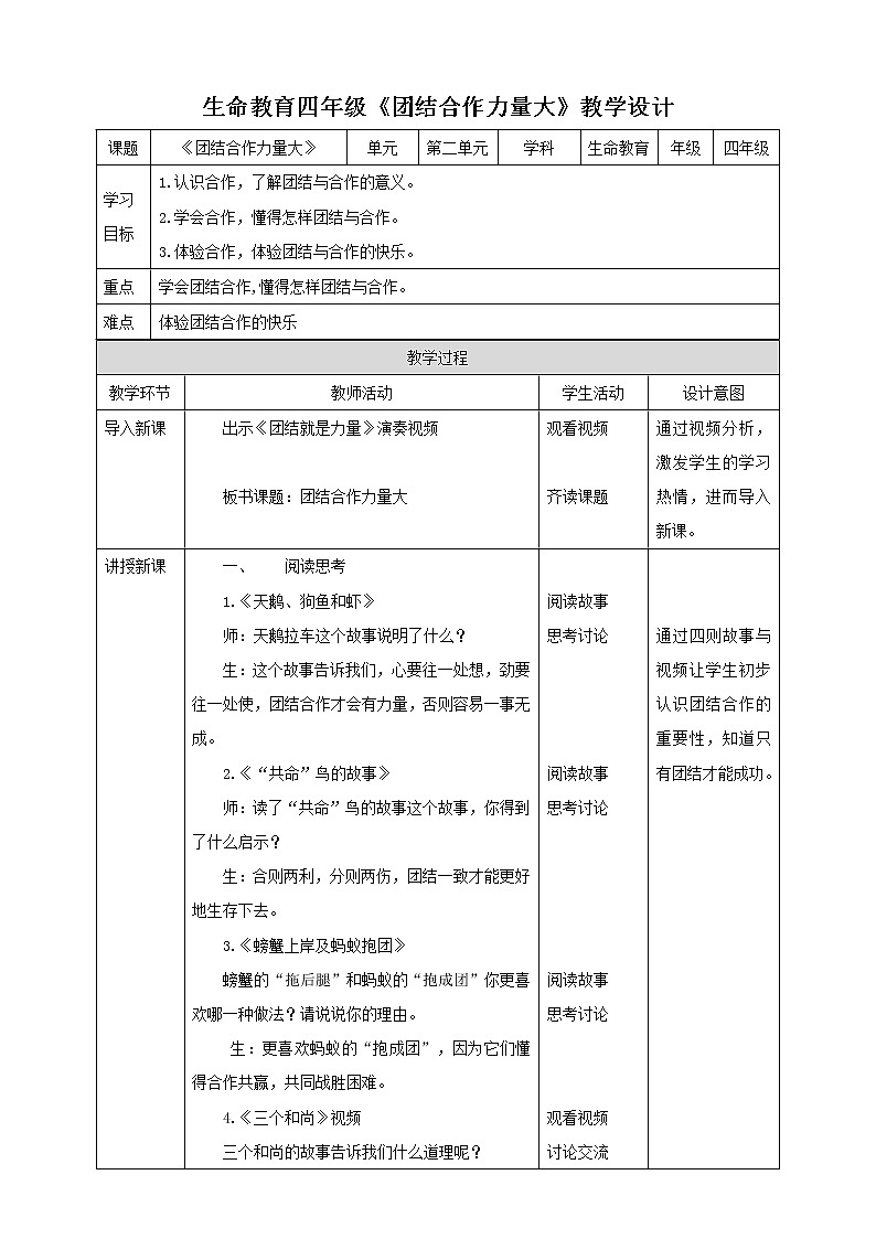 四年级生命教育教育第3章第6课《团结合作力量大》第1页