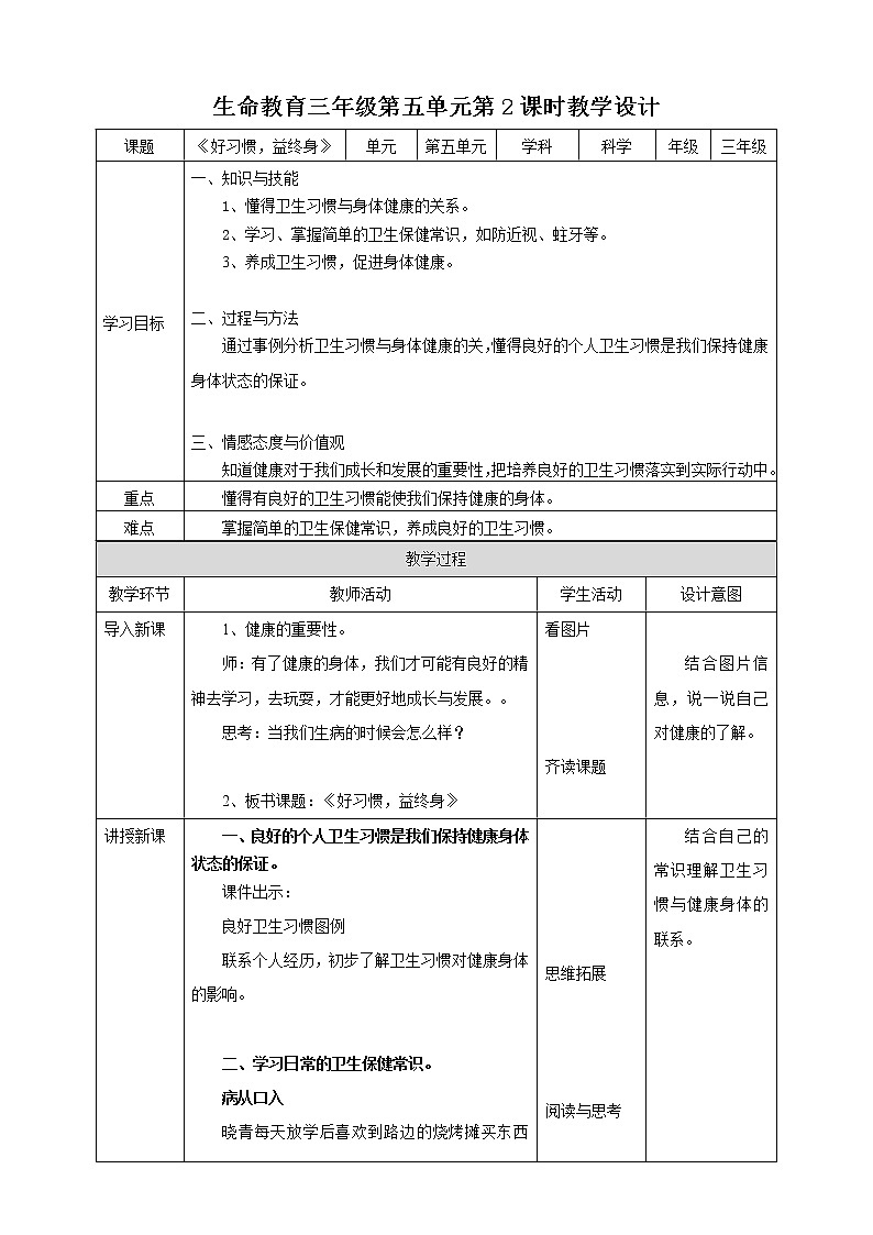生命教育 三年级第五单元第二课时《好习惯，益终身》教案第1页