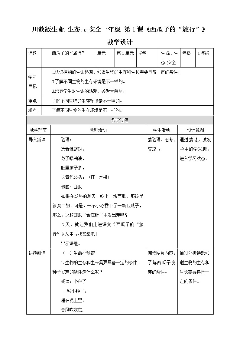 第1课《西瓜子的“旅行”》 课件+教案 川教版生命生态安全一下01