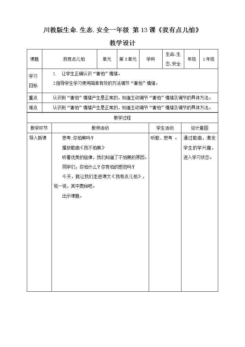 第13课《我有点儿怕》 课件+教案+素材 川教版生命生态安全一下01