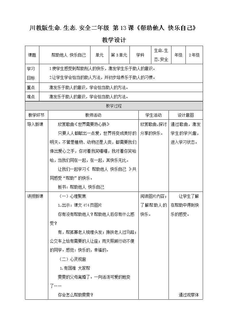 第13课《帮助他人 快乐自己》 课件+教案+素材 川教版生命生态安全二年级01